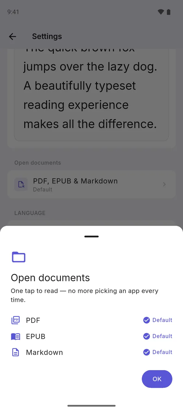 Settings screen: MarkDeck set as default app for PDF, EPUB and Markdown