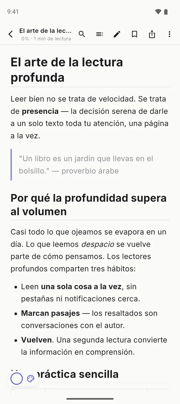 MarkDeck renderizando un documento Markdown con encabezados, citas y listas