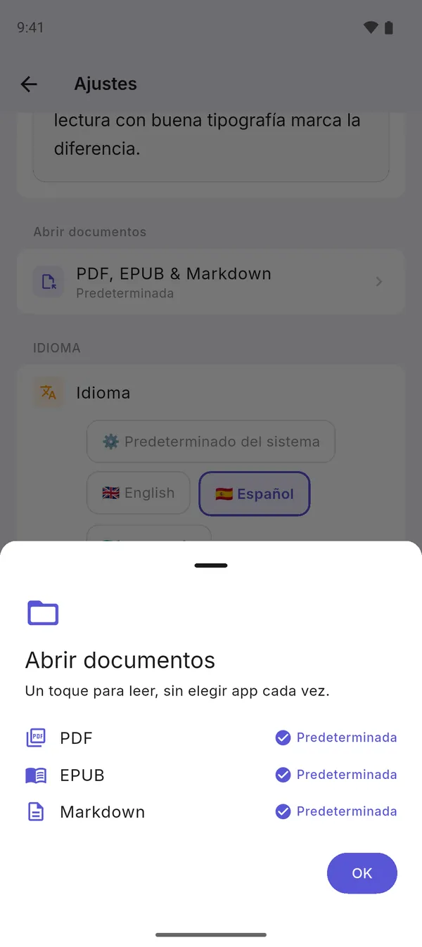 Pantalla de ajustes: MarkDeck como app por defecto para PDF, EPUB y Markdown