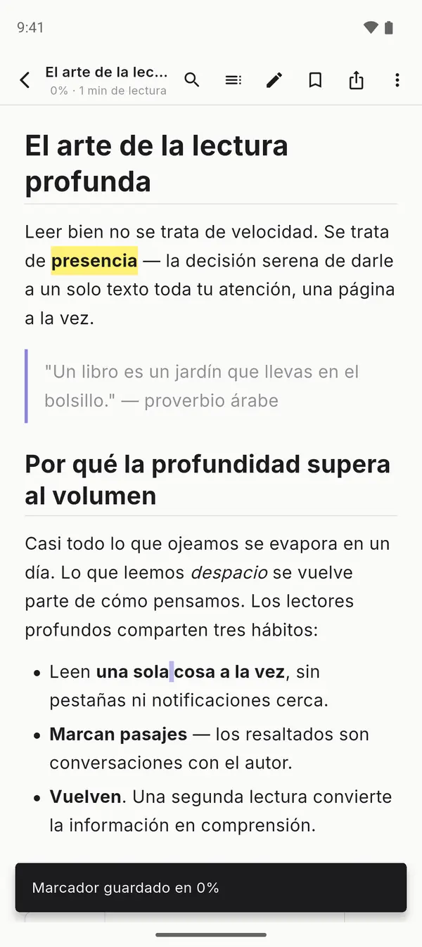 Pasajes resaltados con menú de notas en el lector