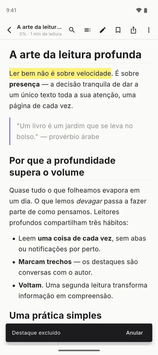 Trechos destacados com menu de notas no leitor