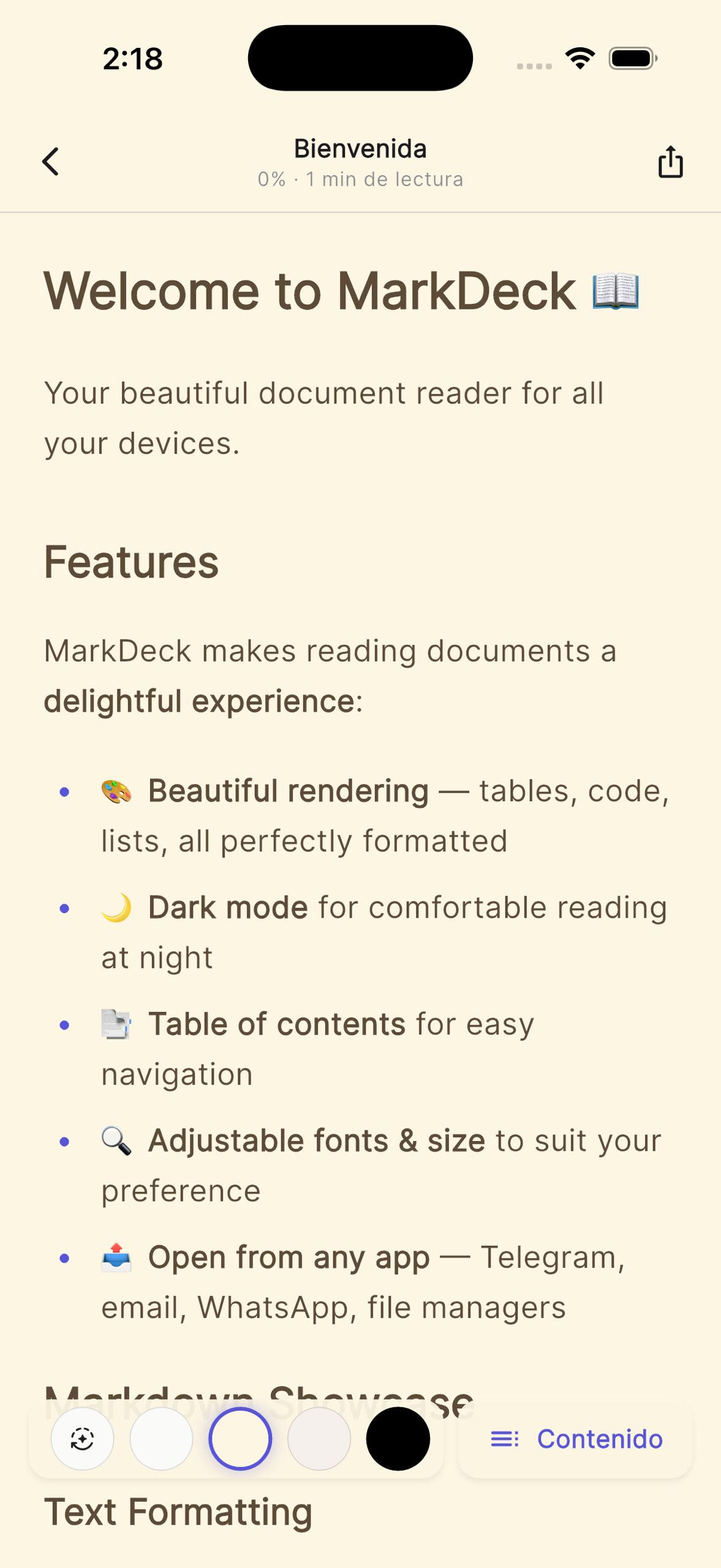 MarkDeck reader in Sepia theme — warm parchment look